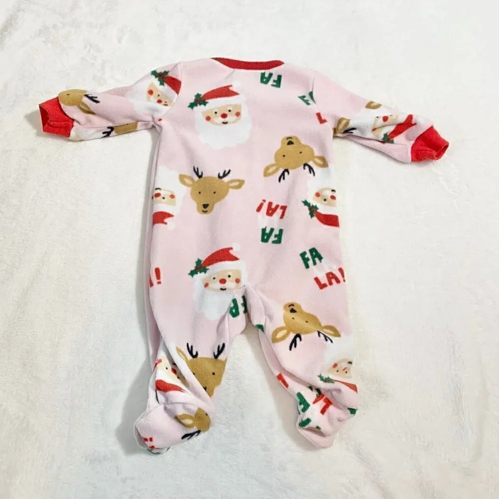 5/$25 Carter's Fleece Footed Sleeper NB Pink Santa Reindeer‎ Christmas Pajamas